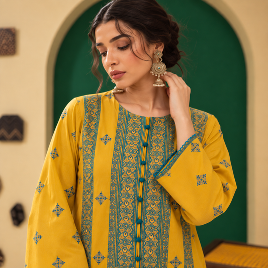 Mustard Yellow | Embroidered Karandi Stitched 2-Piece | WKS-13