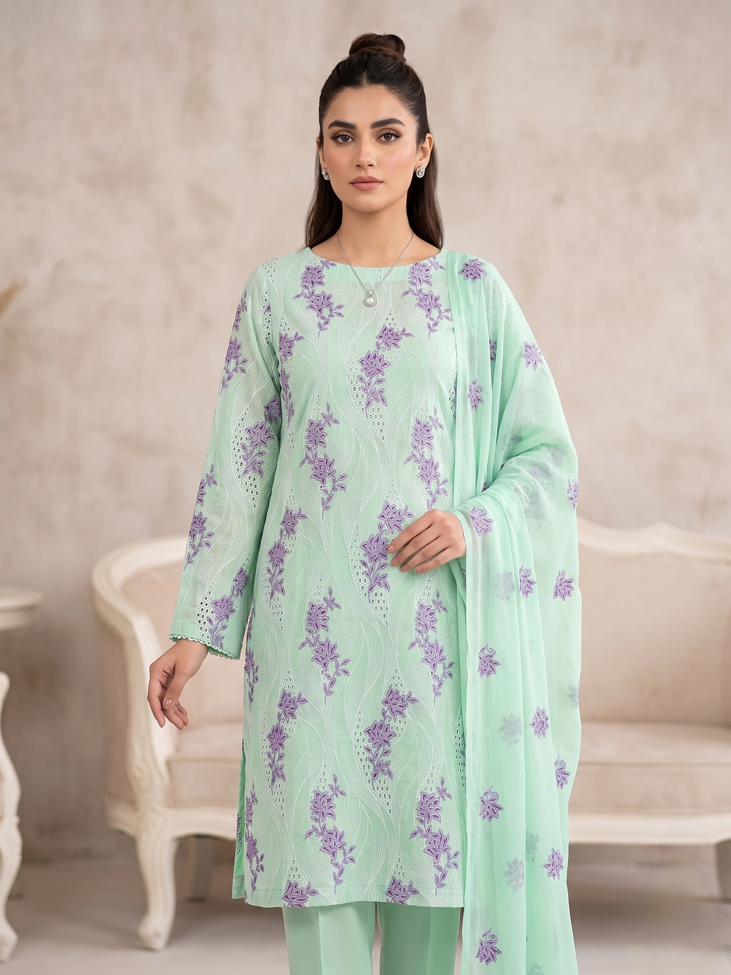 LAWN CHICKENKARI 3PC CHIFFON DOPATTA