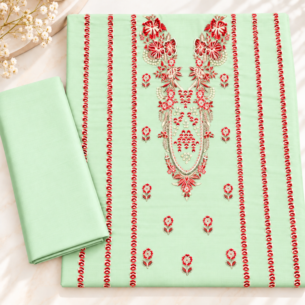 Mint Green Khaddar Embroidered 2-Piece Suit – Design 10098 | TANIAZE