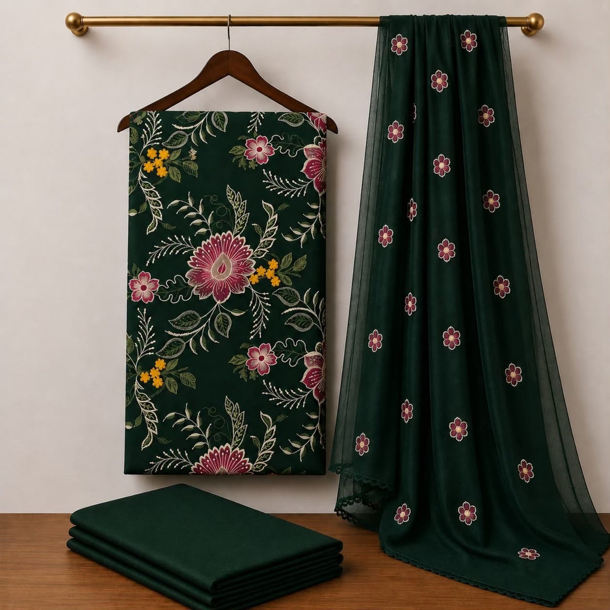 Bottle Green Floral Karandi embroidered unstitched 3-piece shirt trouser and dupatta suit