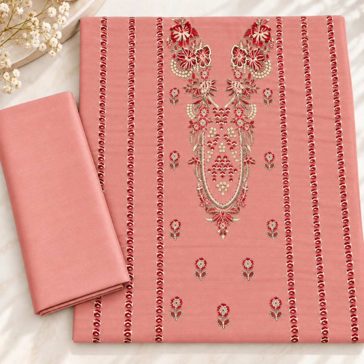 Peach Pink Khaddar Embroidered 2-Piece Suit – Design 10099 | TANIAZE