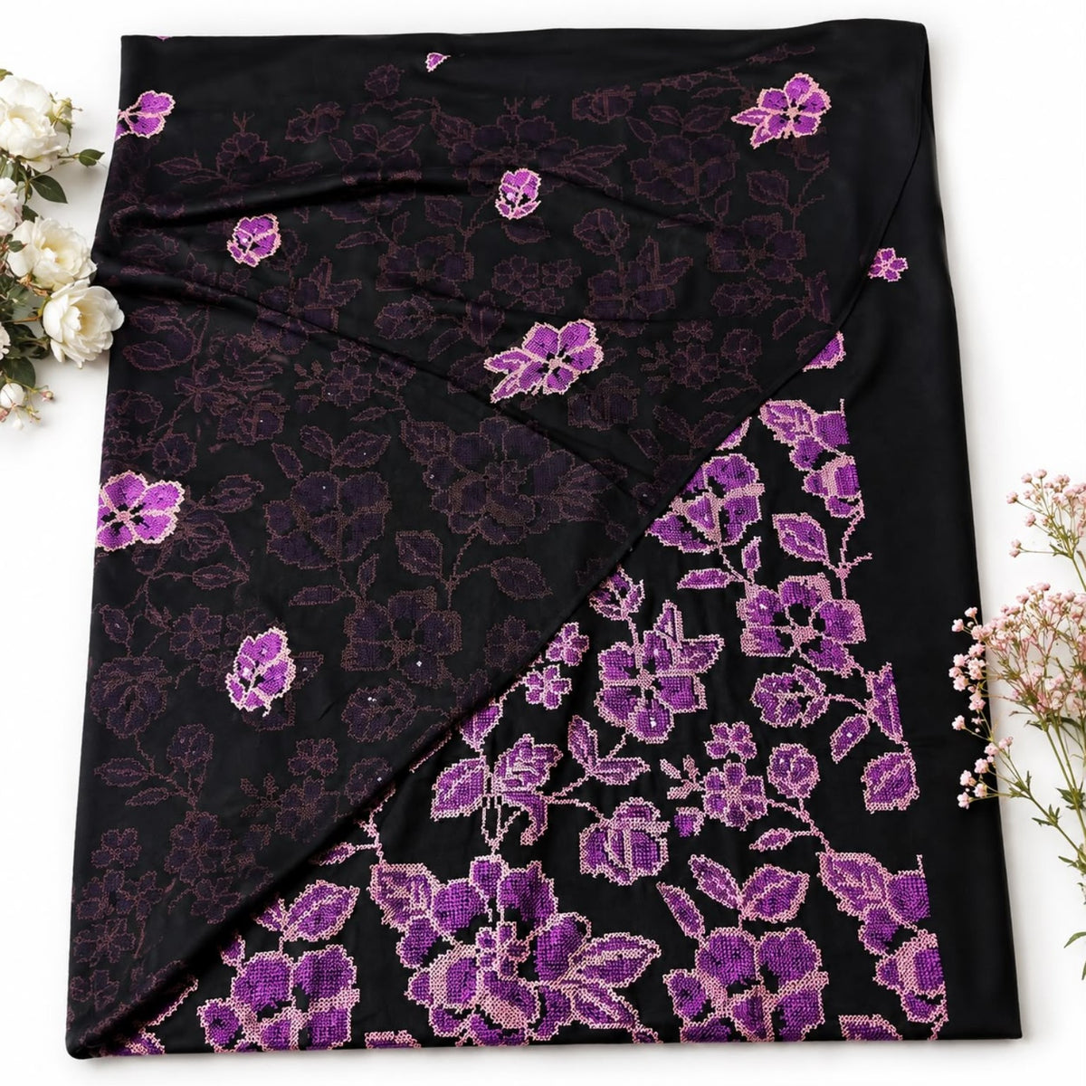 Black Purple Floral Karandi embroidered unstitched 3-piece shirt trouser and dupatta suit