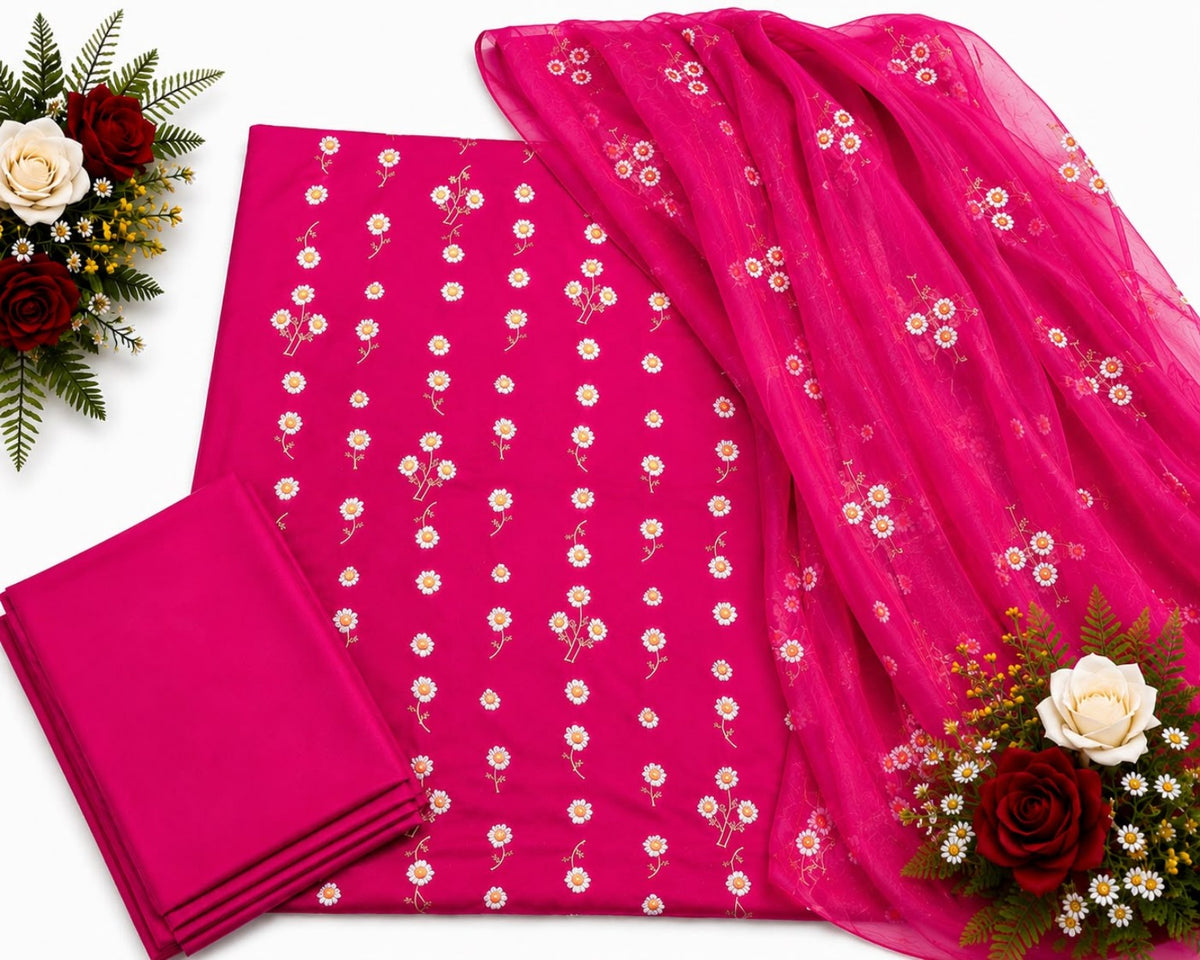 Hot Pink Daisy Karandi embroidered unstitched 3-piece shirt trouser and dupatta suit