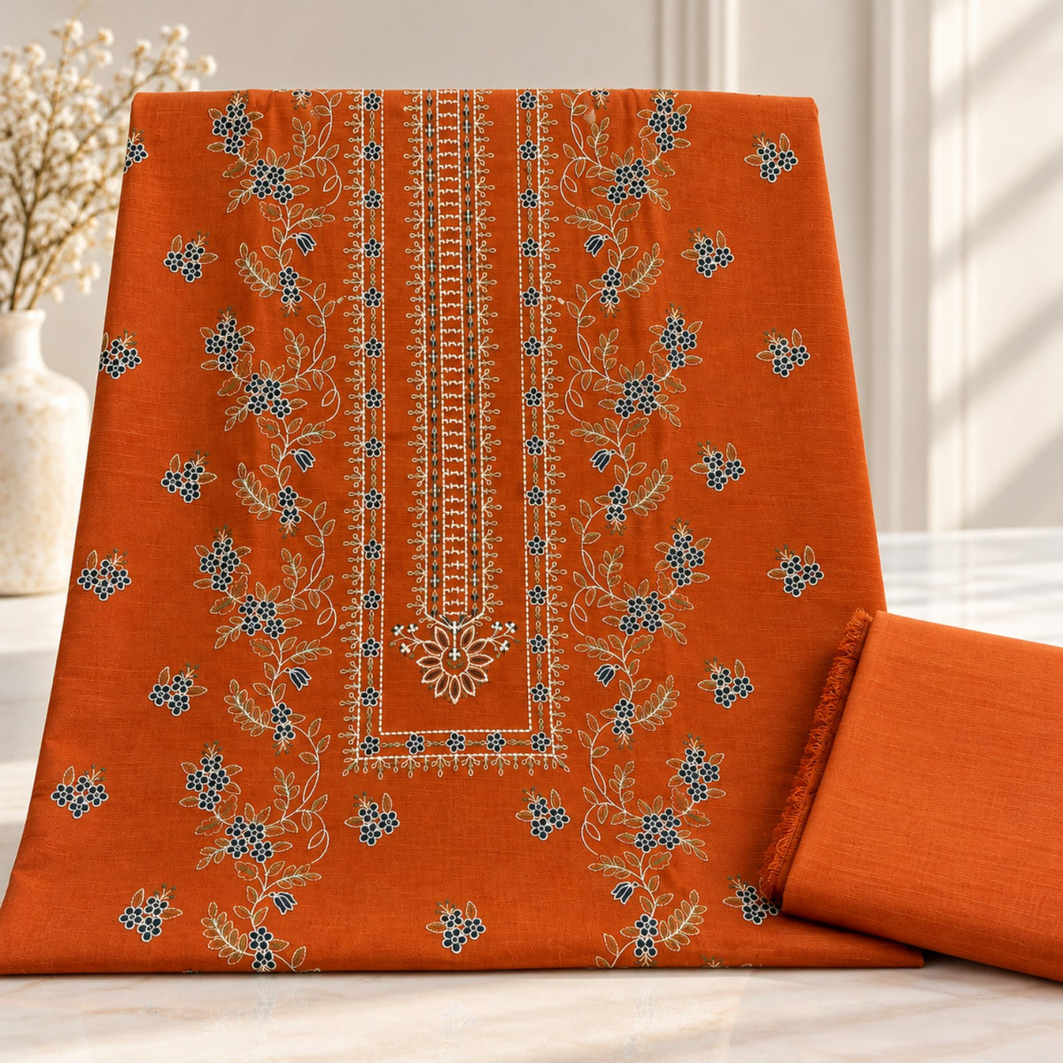 Orange Khaddar Embroidered 2-Piece Suit – Design 10103 | TANIAZE
