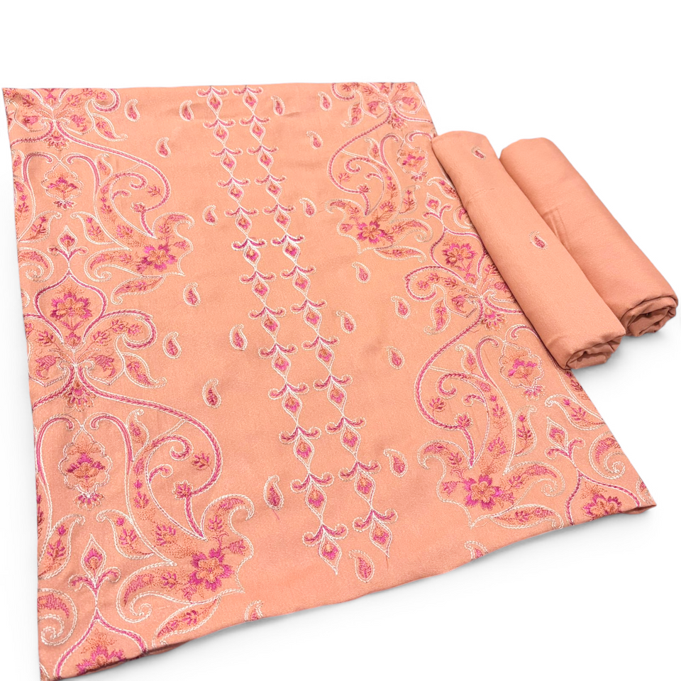 Peach unstitched Karandi embroidered 2-piece suit WKU-195 by TANIAZE — shirt and trouser
