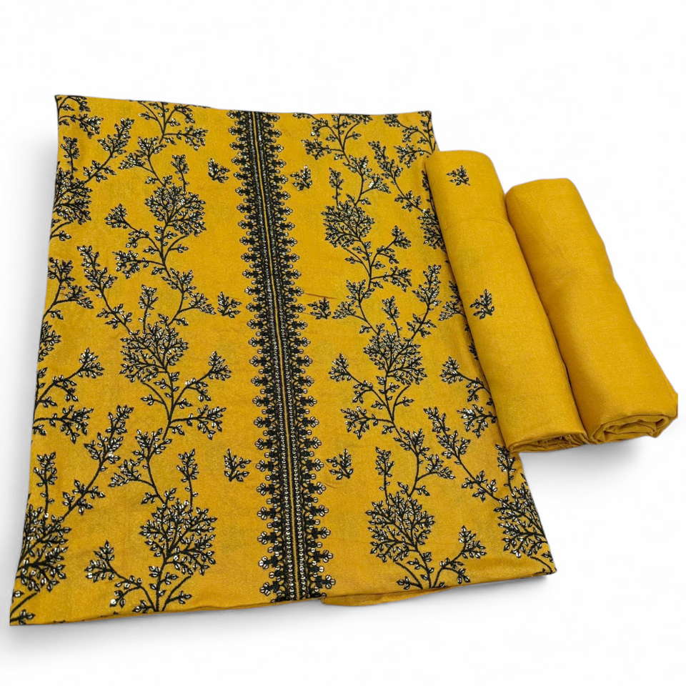 Mustard unstitched Karandi embroidered 2-piece suit WKU-118 by TANIAZE — shirt and trouser