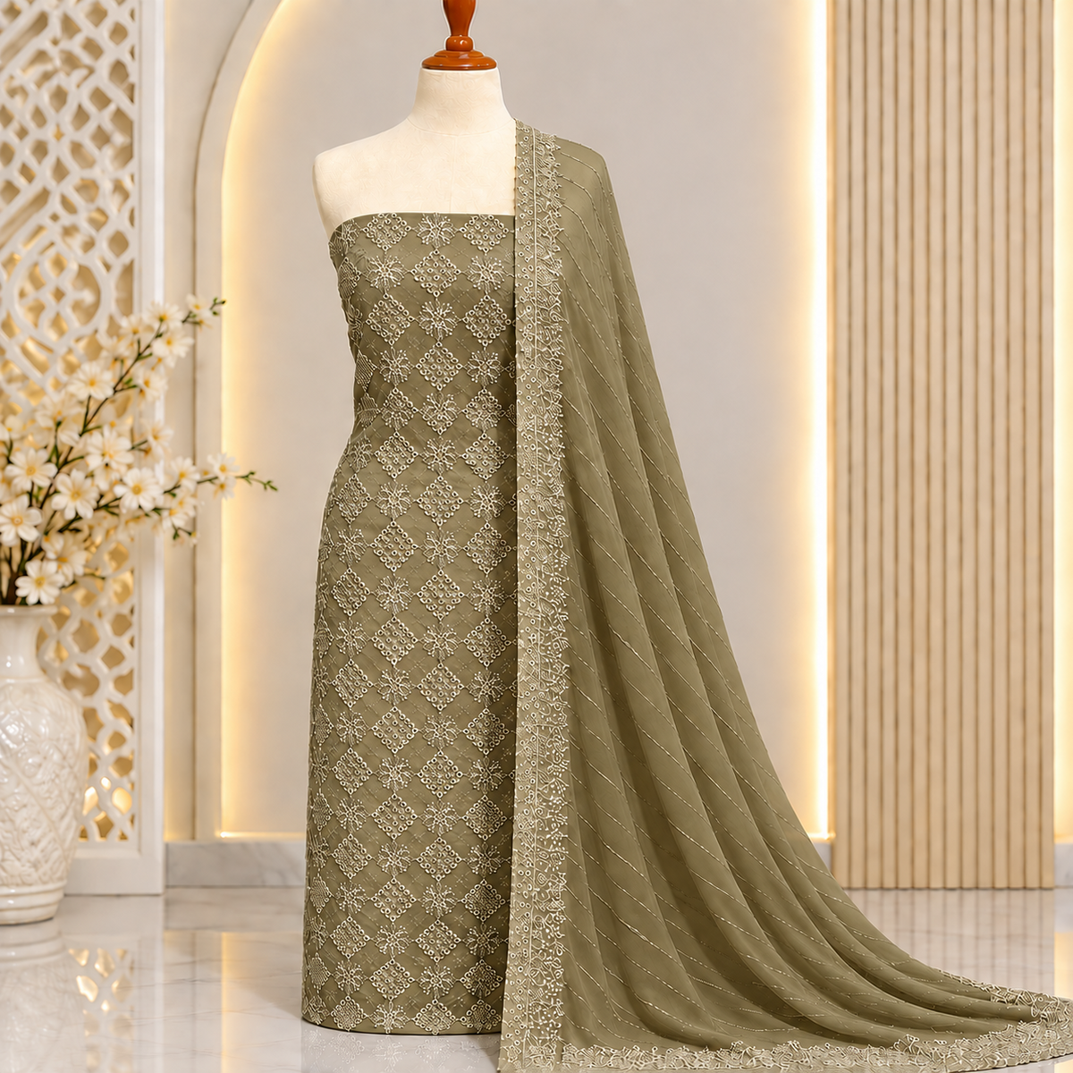 Olive embroidered chiffon 2 piece unstitched suit