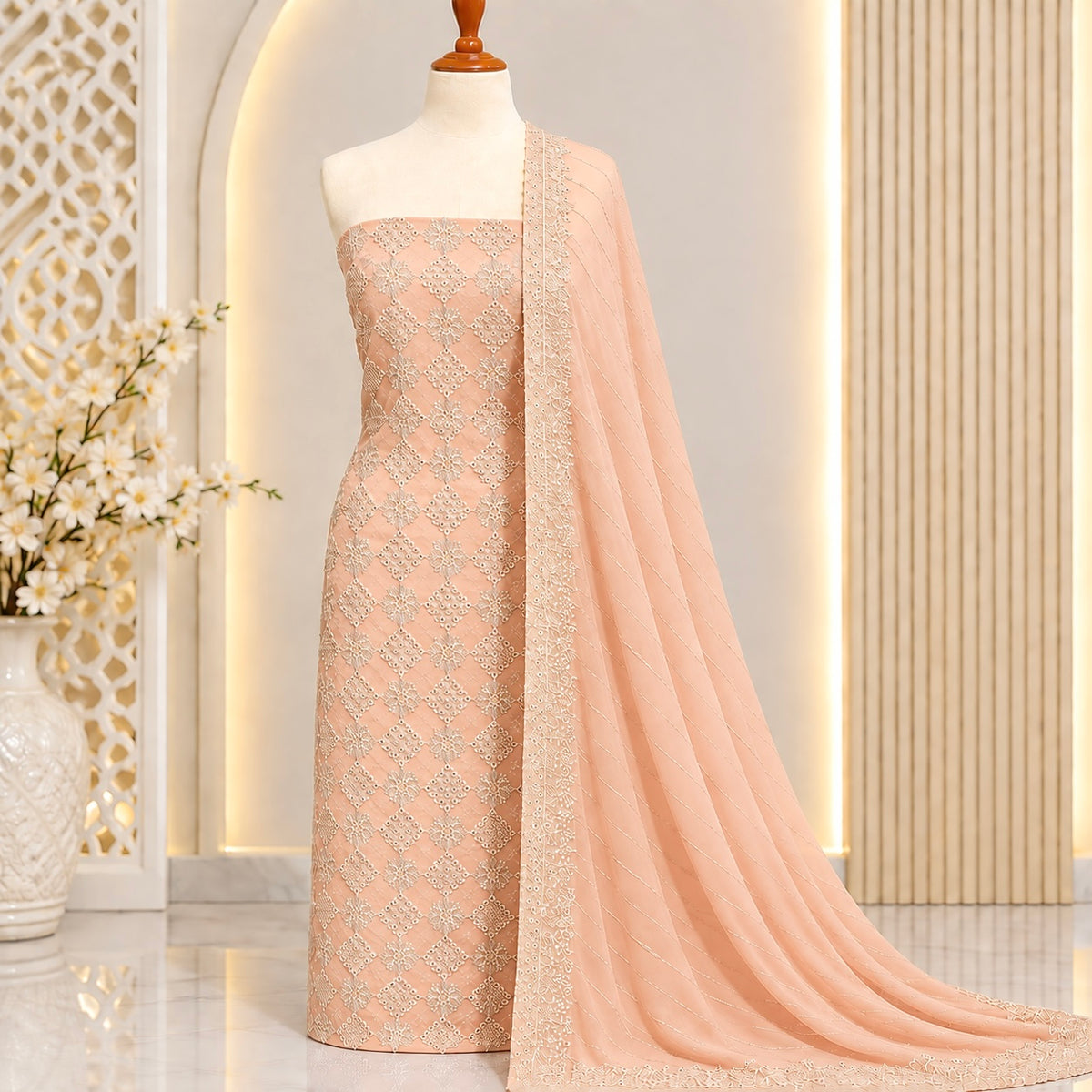 Peach diamond embroidered chiffon 2 piece unstitched suit