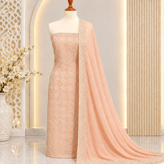 Peach diamond embroidered chiffon 2 piece unstitched suit