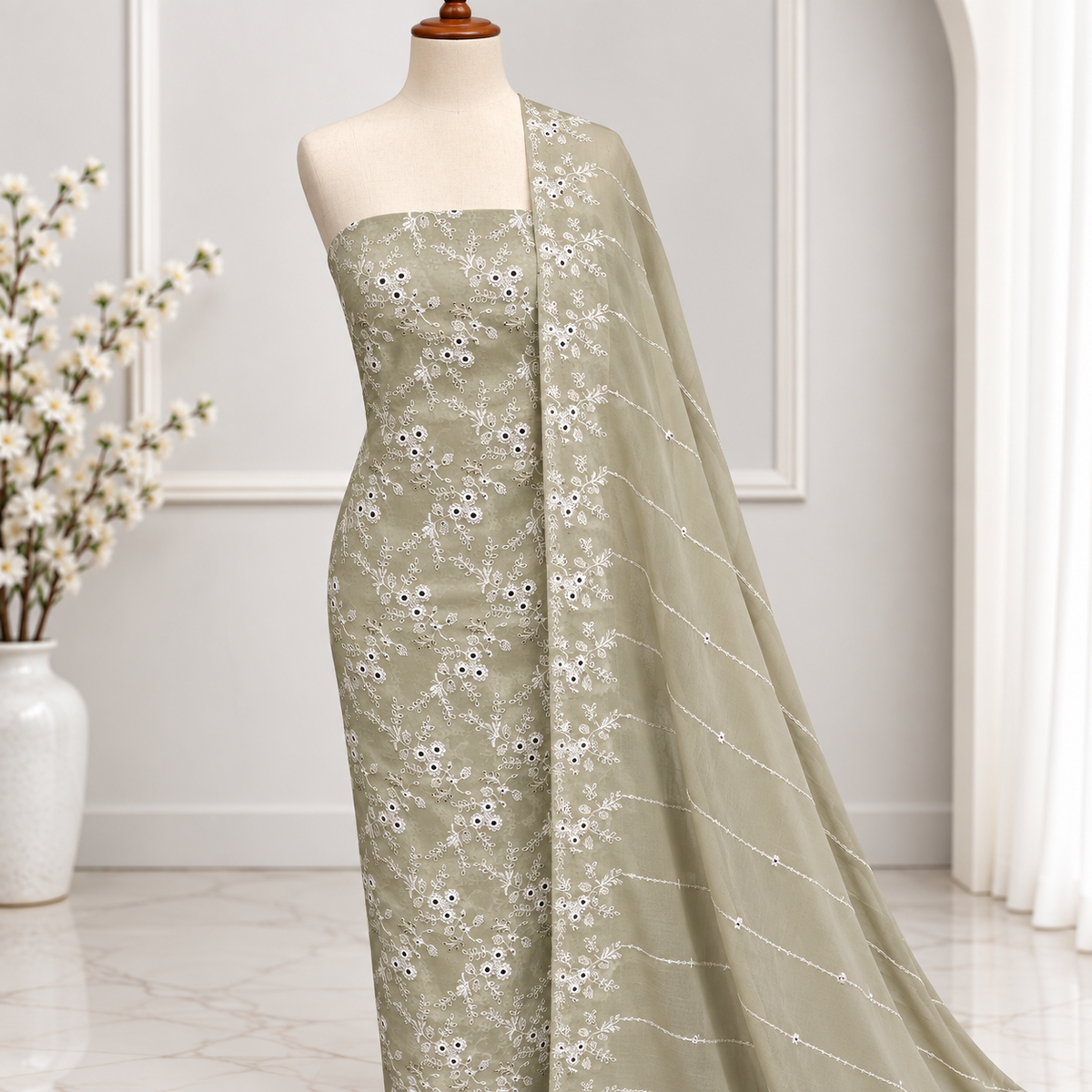 Olive Vine Embroidered Chiffon 2 Piece