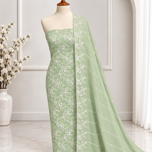 Mint green embroidered chiffon 2 piece unstitched suit