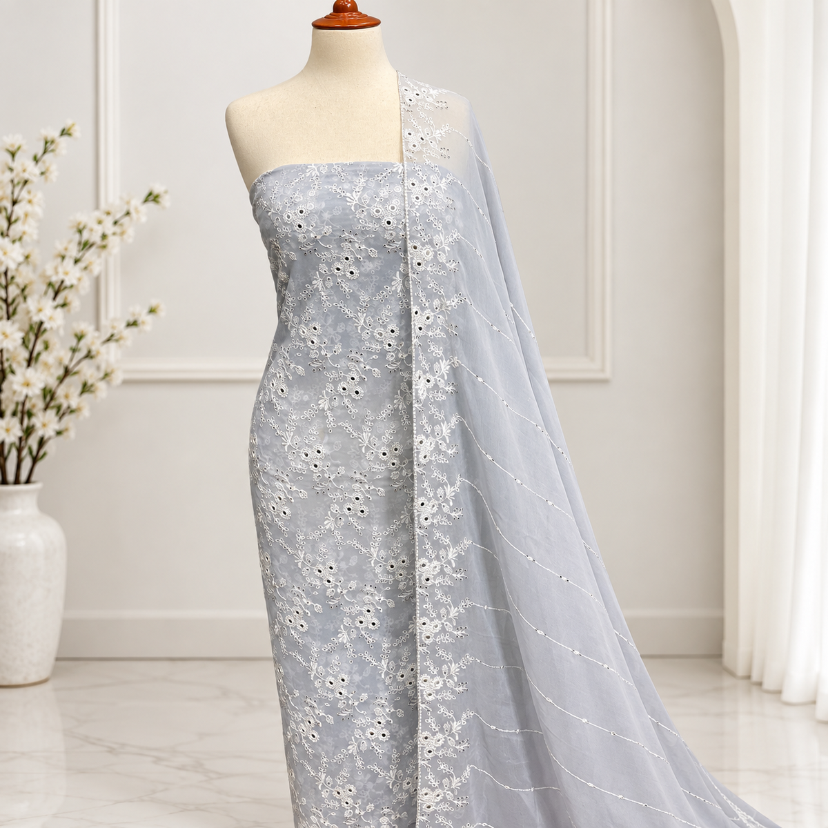 Silver grey embroidered chiffon 2 piece unstitched suit