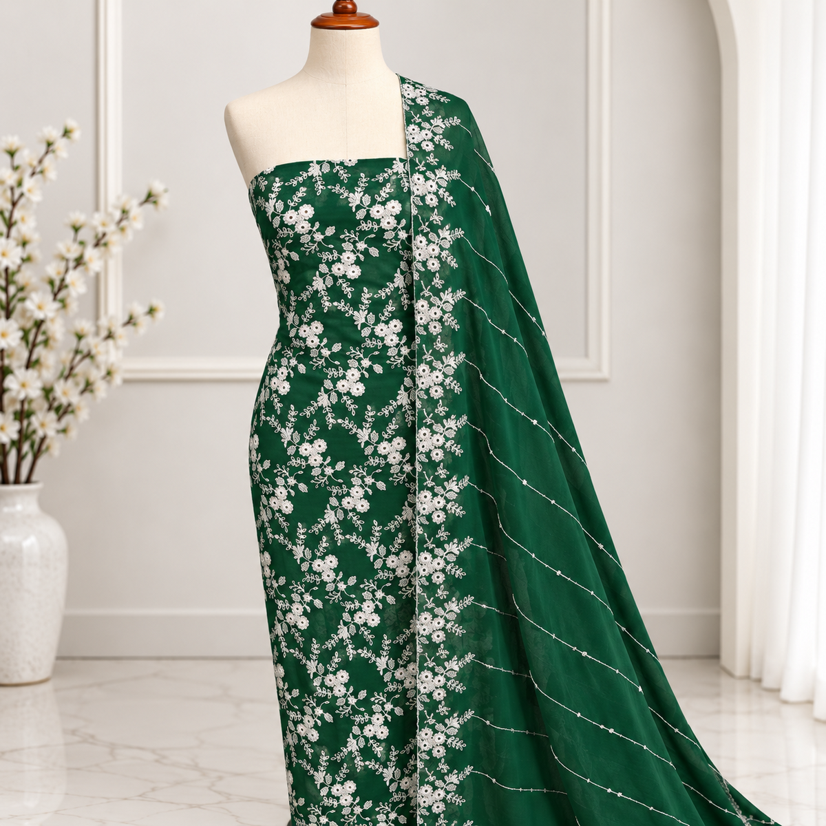 Emerald green embroidered chiffon 2 piece unstitched suit
