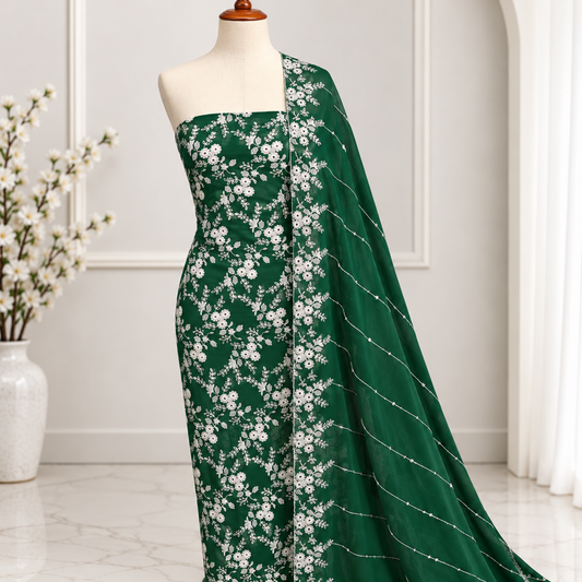 Emerald green embroidered chiffon 2 piece unstitched suit