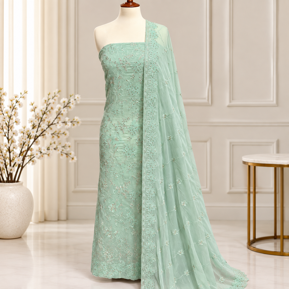 Mint Lace Embroidered Chiffon 2 Piece