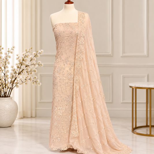 Peach embroidered chiffon 2 piece unstitched suit