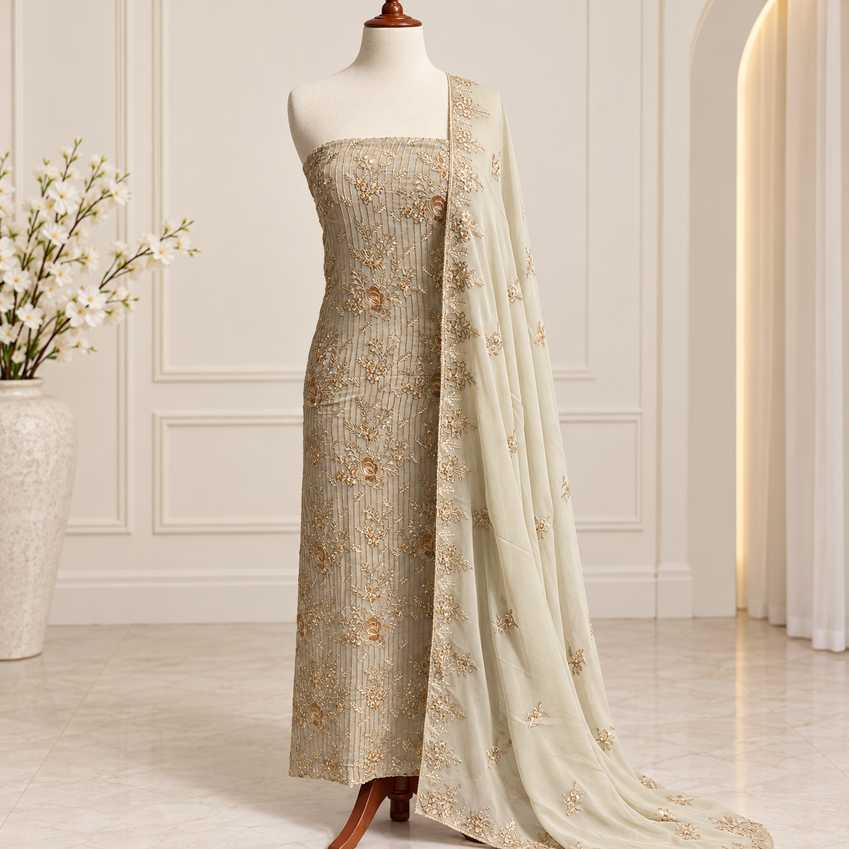 Ivory floral embroidered chiffon 2 piece unstitched suit