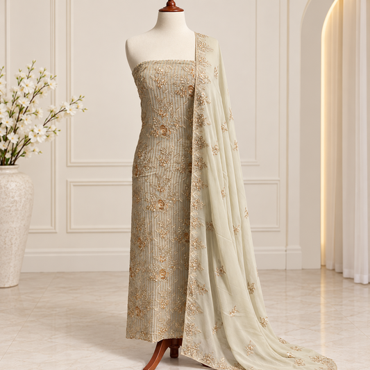 Ivory floral embroidered chiffon 2 piece unstitched suit