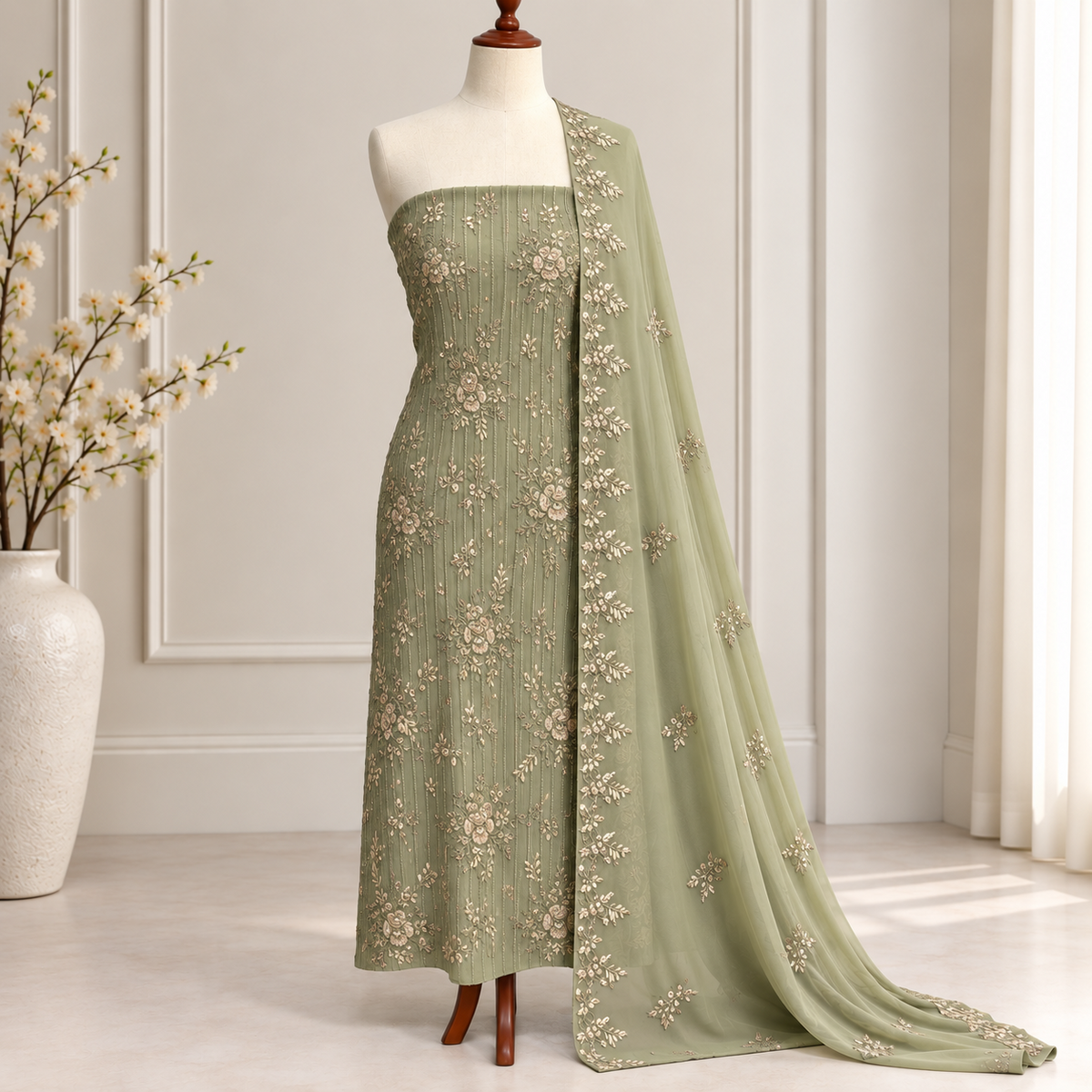 Sage Bouquet Embroidered Chiffon 2 Piece