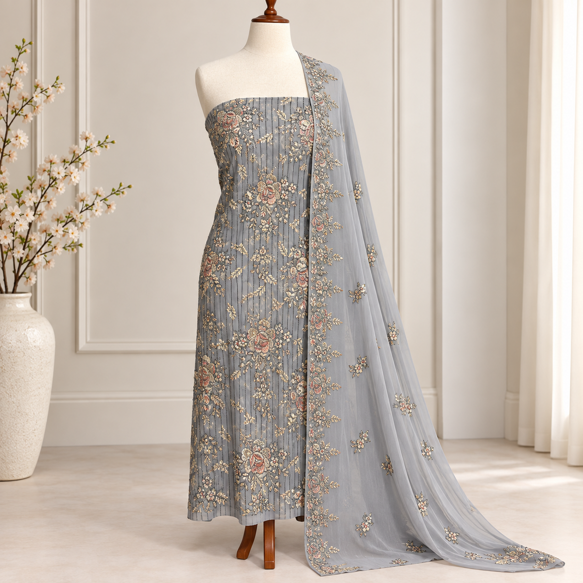Steel Blue Floral Embroidered Chiffon 2 Piece