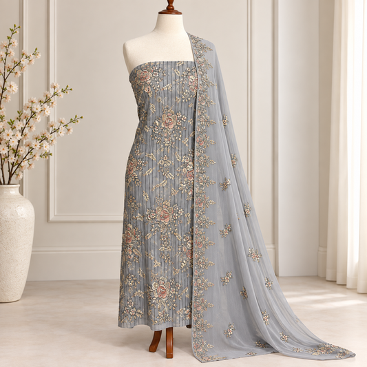 Steel Blue Floral Embroidered Chiffon 2 Piece