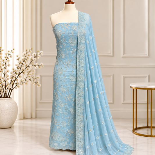 Sky Blue Silver Floral Embroidered Chiffon 2 Piece