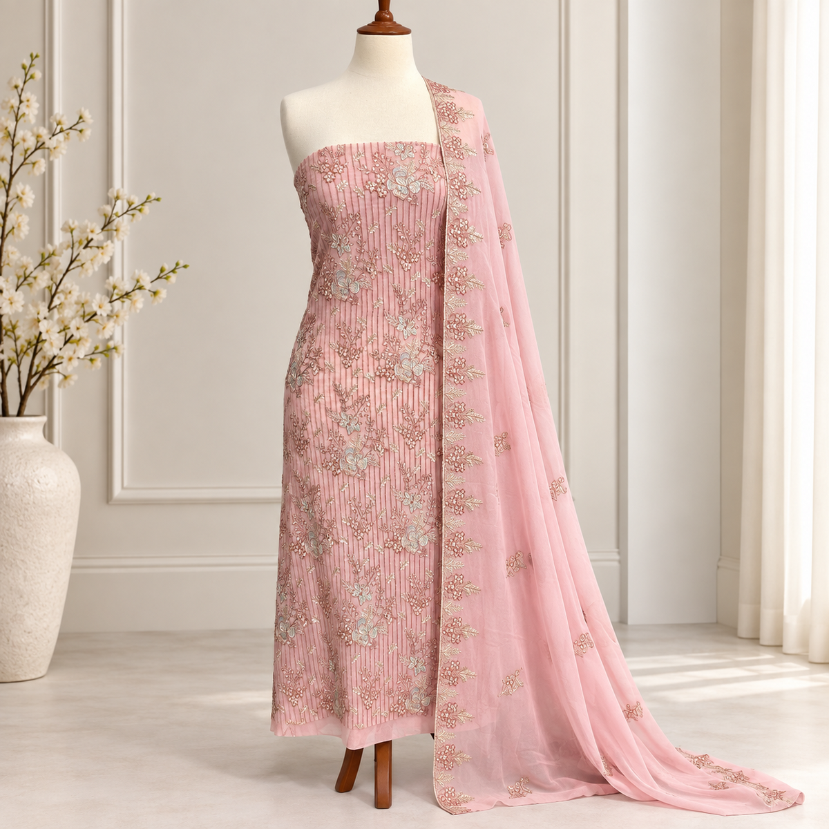 Teal multicolor embroidered chiffon 2 piece unstitched suit