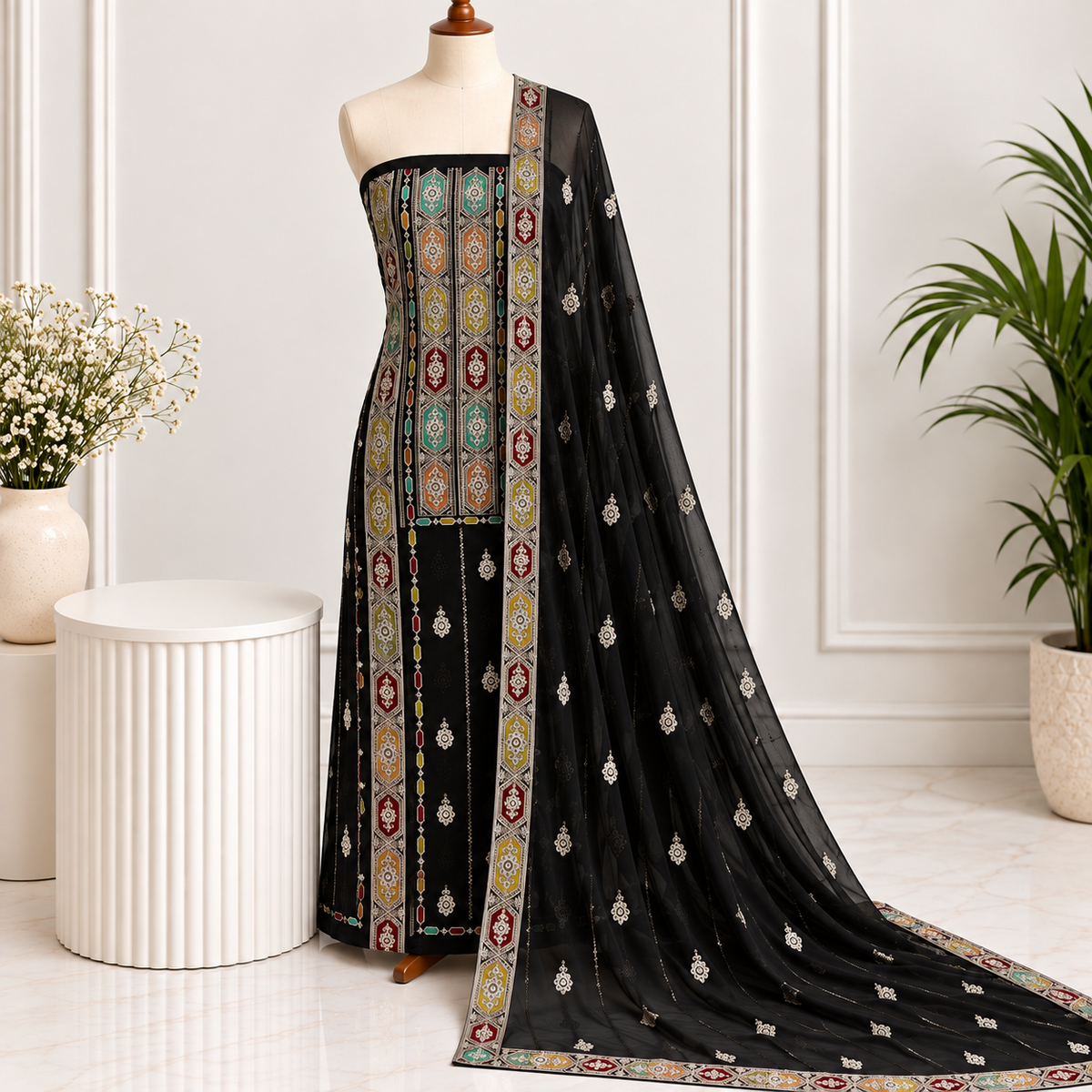 Black Heritage Embroidered Chiffon 2 Piece