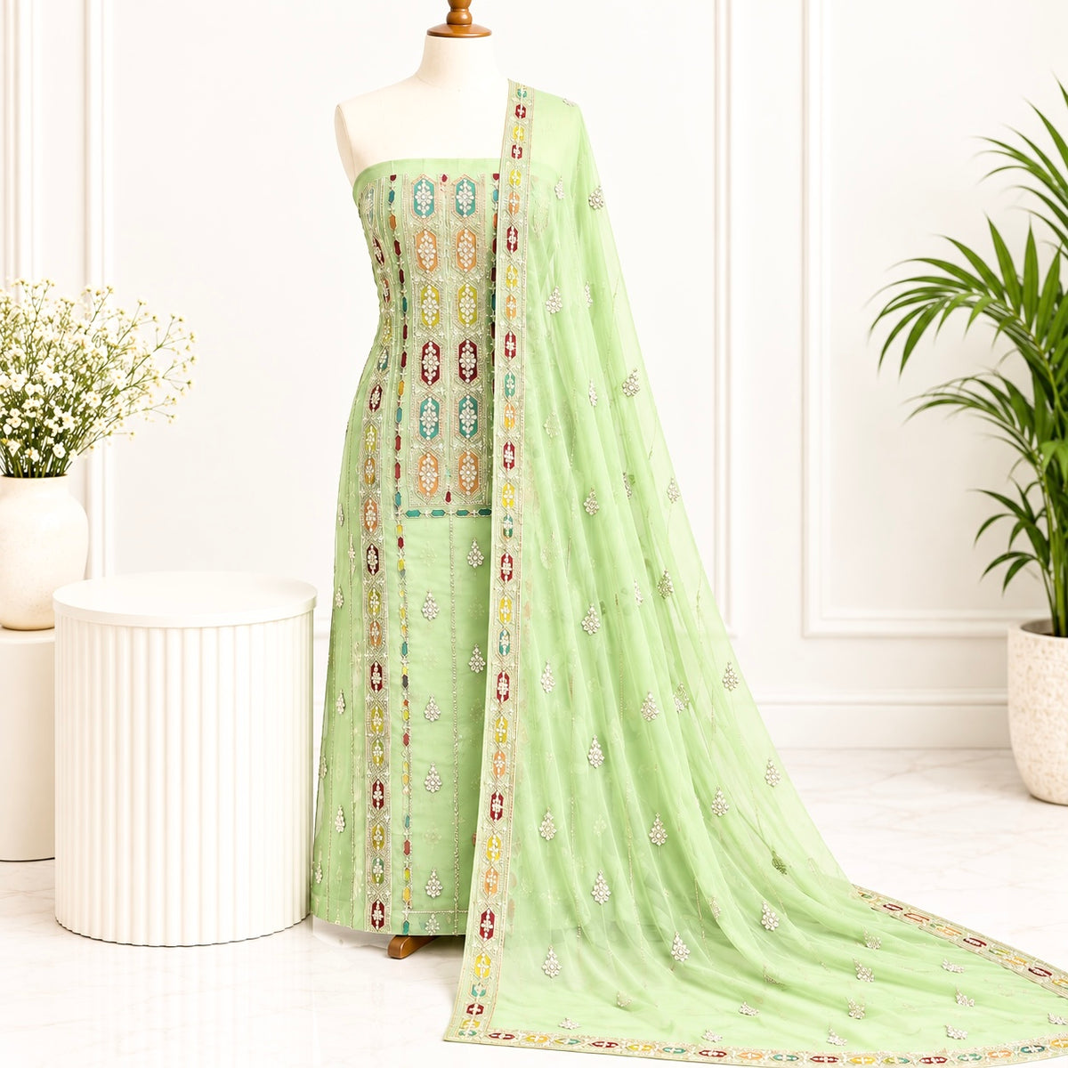 Pistachio Multicolor Embroidered Chiffon 2 Piece