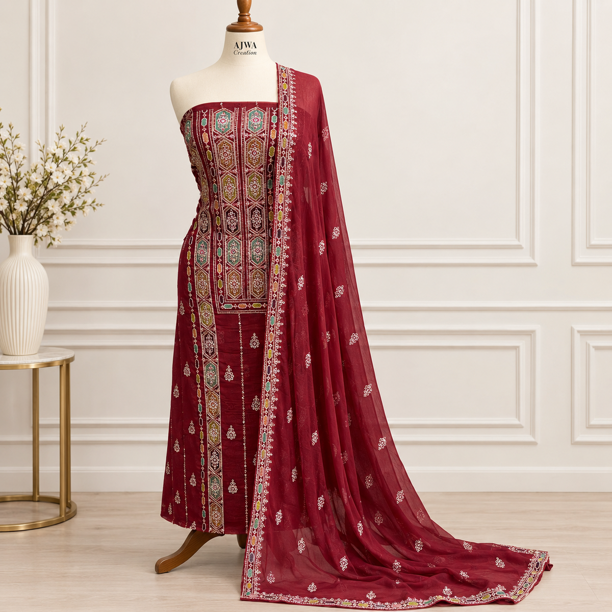 Maroon Heritage Embroidered Chiffon 2 Piece