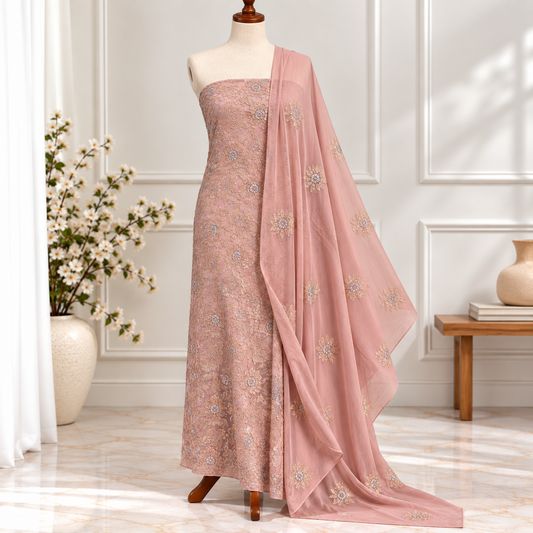 Dusty Peach Floral Embroidered Chiffon 2 Piece