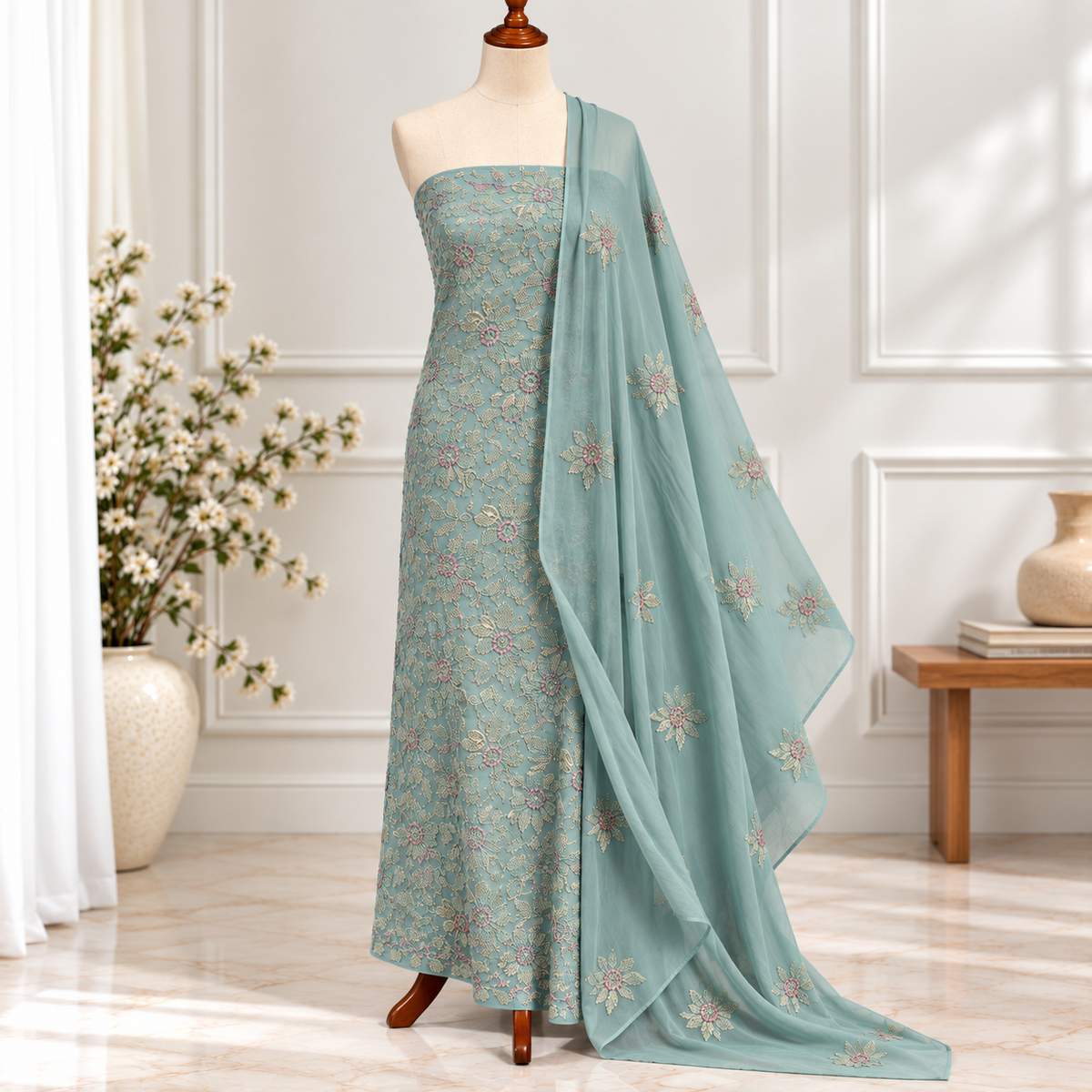 Dusty Teal Floral Embroidered Chiffon 2 Piece