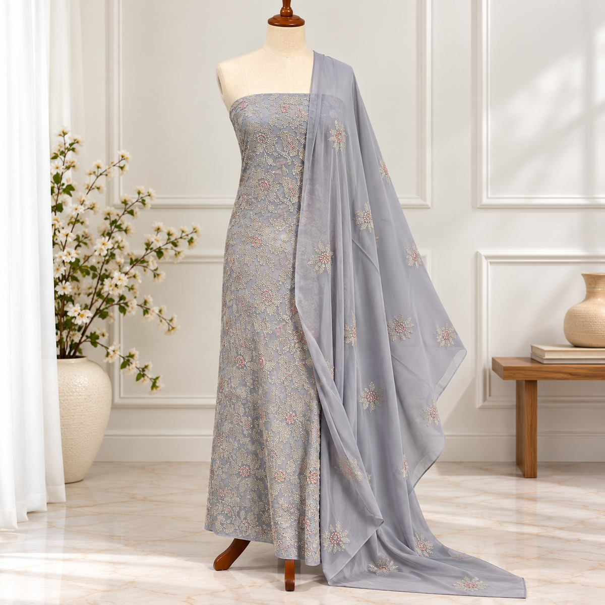 Lilac Grey Floral Embroidered Chiffon 2 Piece
