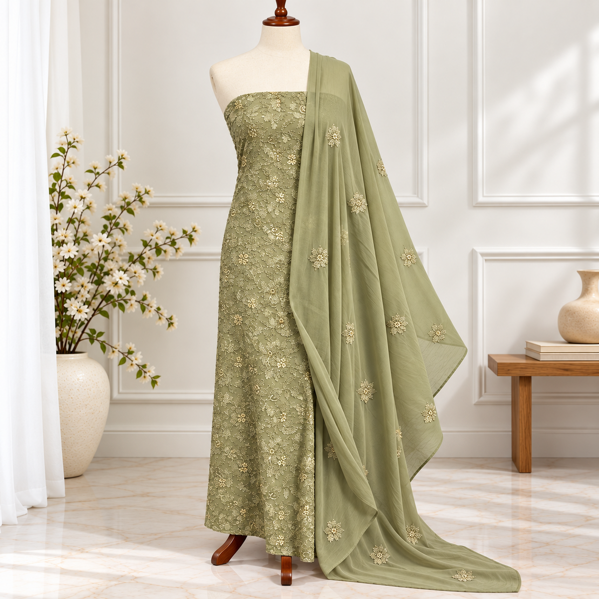 Sage Floral Embroidered Chiffon 2 Piece