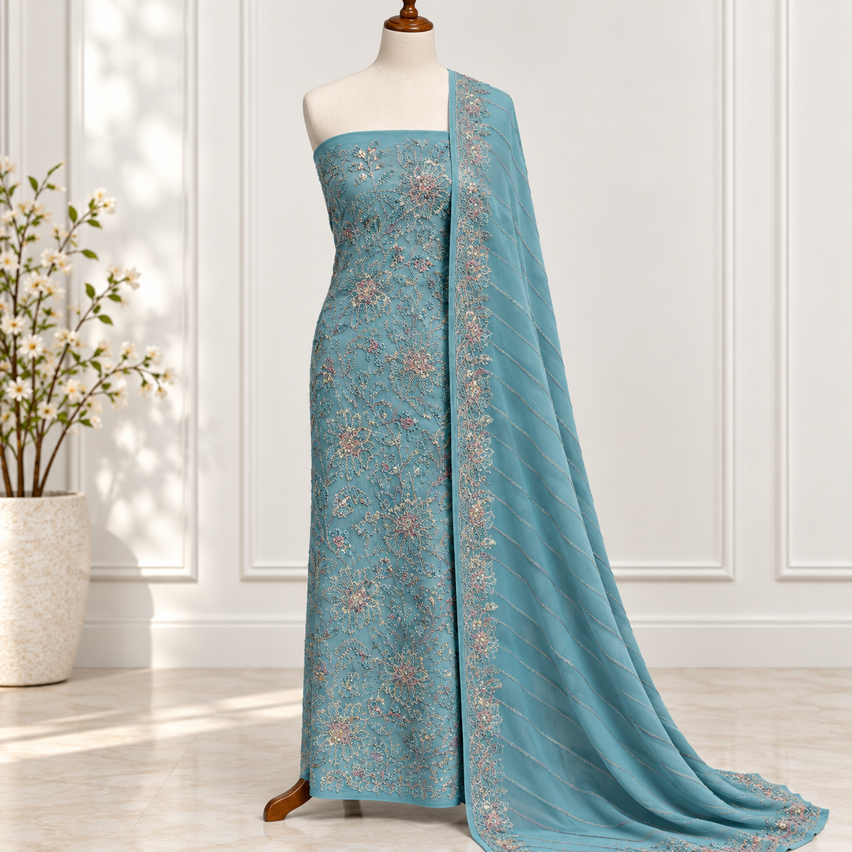 Teal Blossom Embroidered Chiffon 2 Piece