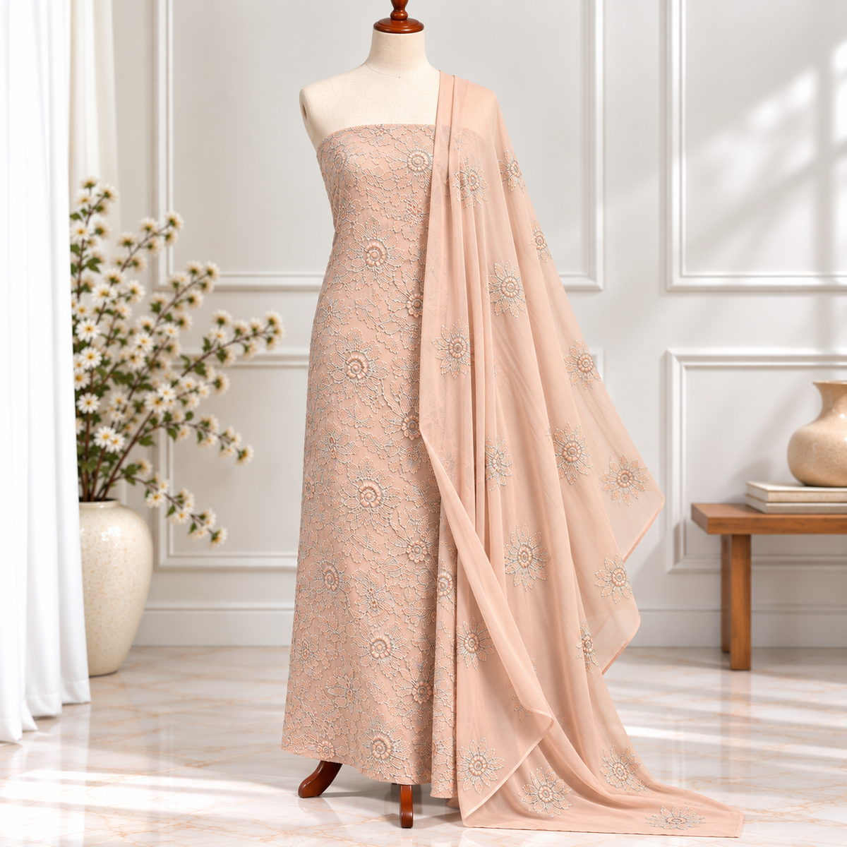 Peach Silver Floral Embroidered Chiffon 2 Piece