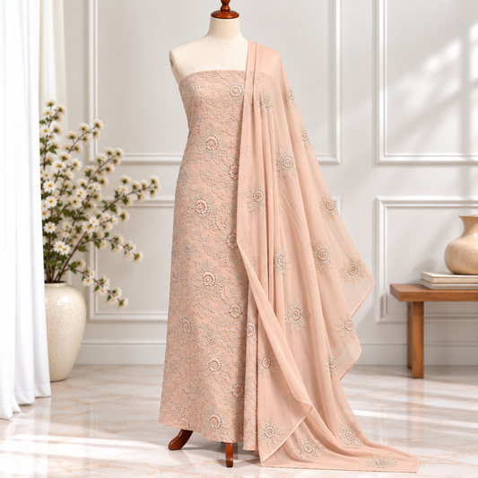 Peach Silver Floral Embroidered Chiffon 2 Piece