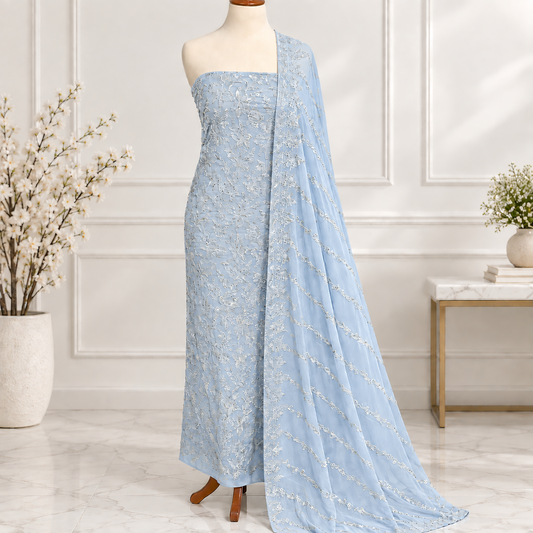 Powder Blue Lace Embroidered Chiffon 2 Piece