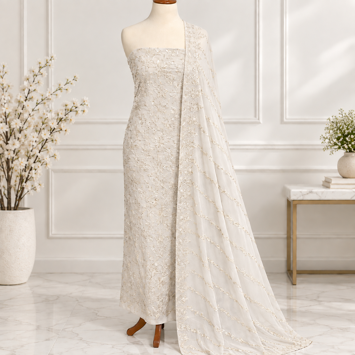 Rose pink embroidered chiffon 2 piece unstitched suit