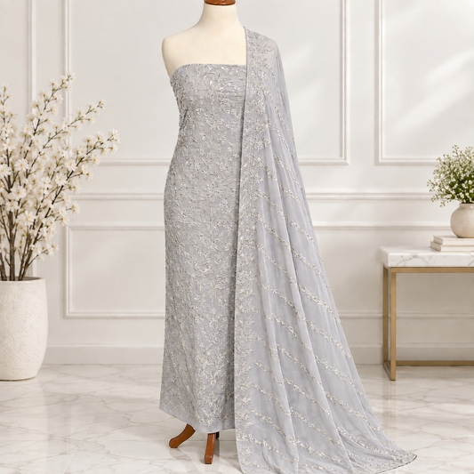 Pearl Grey Lace Embroidered Chiffon 2 Piece