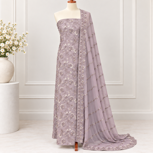 Mauve Floral Embroidered Chiffon 2 Piece