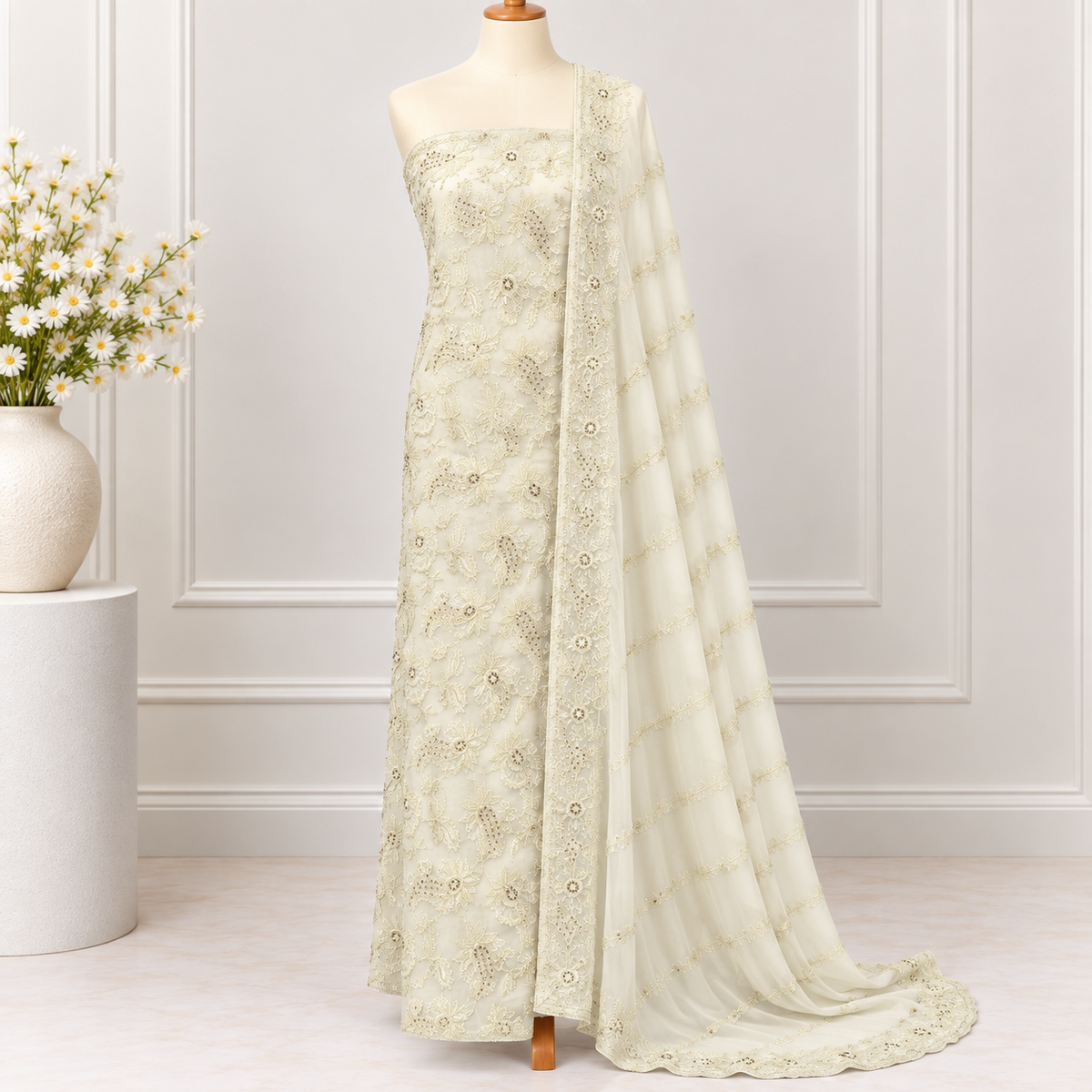 Ivory Lace Embroidered Chiffon 2 Piece