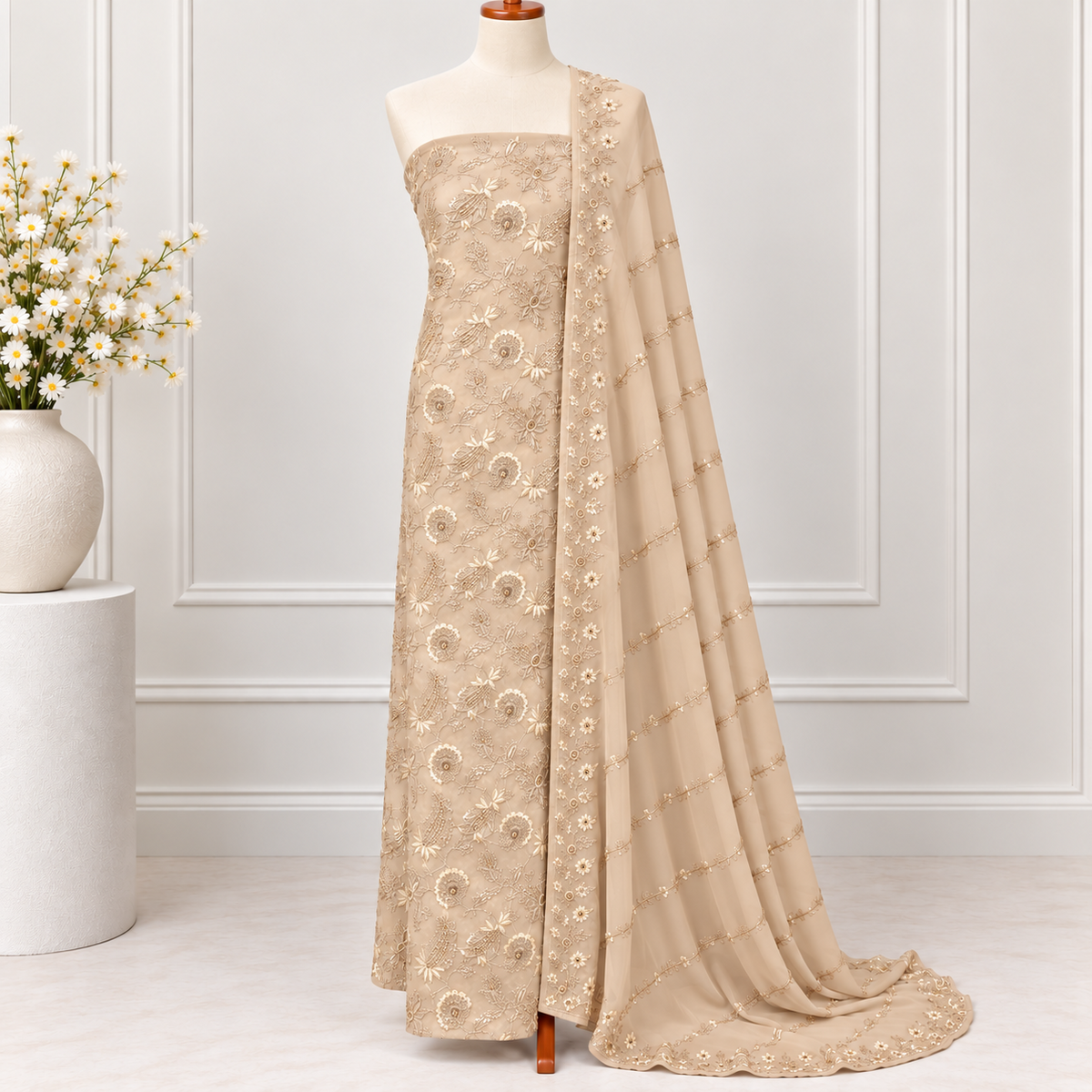 Nude Blossom Embroidered Chiffon 2 Piece