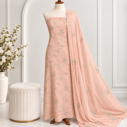 Soft coral embroidered chiffon 2 piece unstitched suit