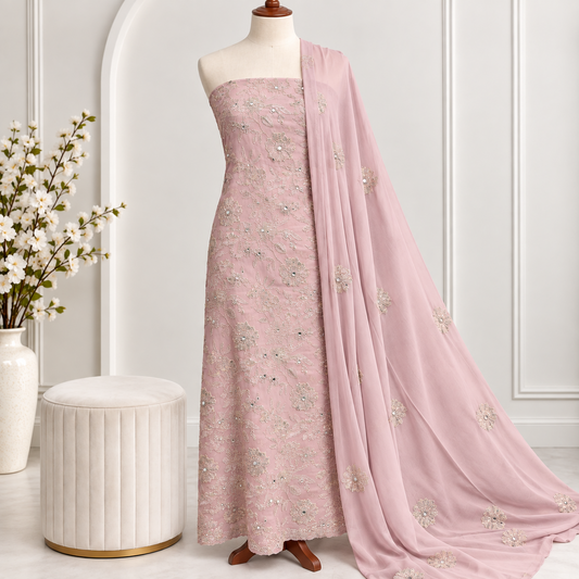 Blush Pink Floral Embroidered Chiffon 2 Piece