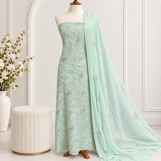Mint Crystal Embroidered Chiffon 2 Piece