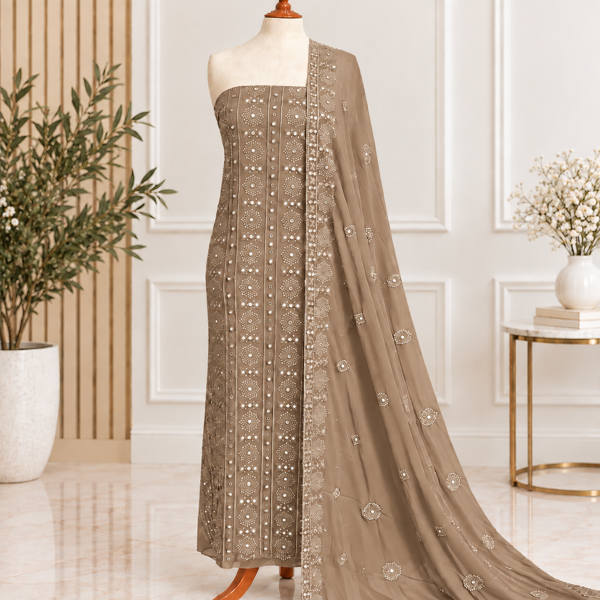 Taupe Mirror Embroidered Chiffon 2 Piece