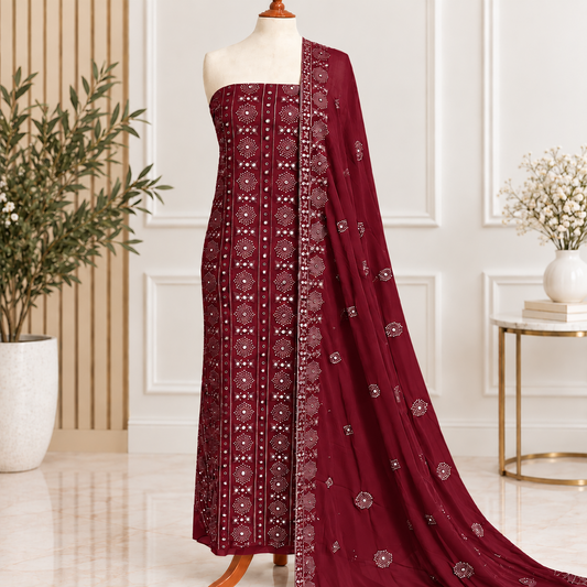 Maroon Mirror Embroidered Chiffon 2 Piece