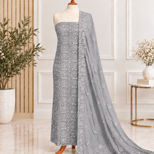 Silver Grey Mirror Embroidered Chiffon 2 Piece