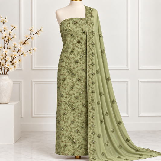 Olive Paisley Embroidered Chiffon 2 Piece